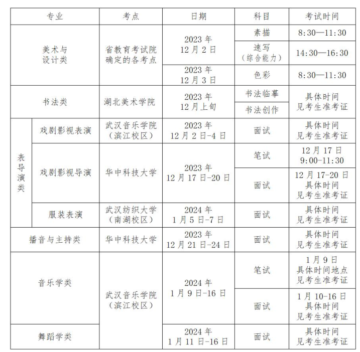 湖北省2024年艺术类各专业省级统考的考试时间安排