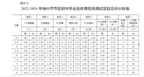 2024江苏徐州中考体育评分标准